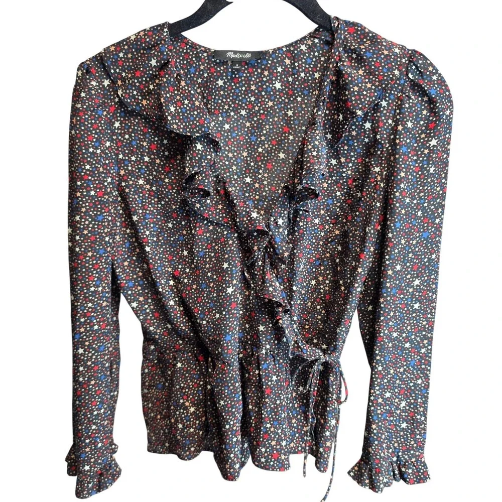 Madewell Womens Silk Star Print Ruffle Wrap Peplum Blouse Navy Blue Small